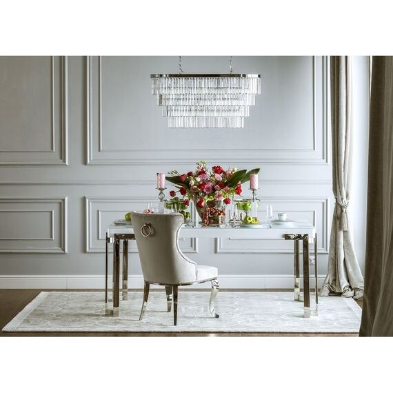 Krzesło glamour klasyczne z giętymi nogami, pikowane, tapicerowane, nowoczesne, z kołatką, do jadalni, do salonu, srebrne GRETA