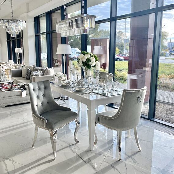 Krzesło glamour ekskluzywne, tapicerowane, pikowane z kołatką, do jadalni, na stalowych, giętych nogach, szare, srebrne MADAME