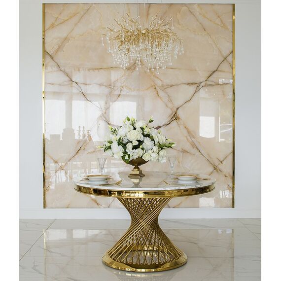 Designerski stół ANTONIO 130 cm stal okrągła do jadalni z blatem z białego, czarnego marmuru, nowoczesny glamour złoty