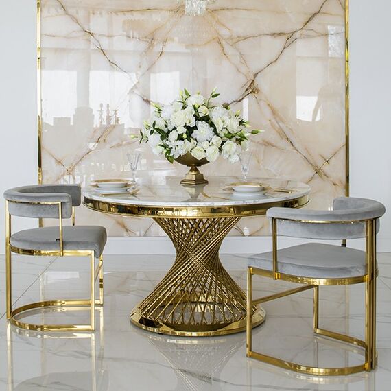 Designerski stół ANTONIO 130 cm stal okrągła do jadalni z blatem z białego, czarnego marmuru, nowoczesny glamour złoty