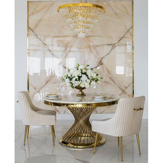 Designerski stół ANTONIO 130 cm stal okrągła do jadalni z blatem z białego, czarnego marmuru, nowoczesny glamour złoty