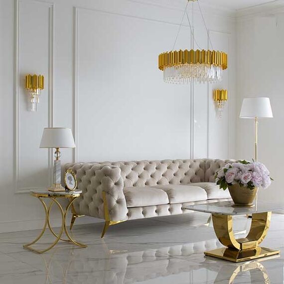 Glamor coffee table for the living room with a white marble top, gold ART DECO