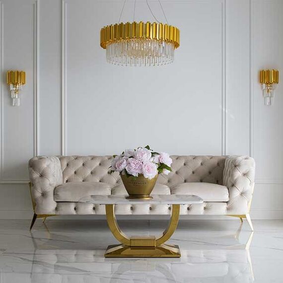 Glamor coffee table for the living room with a white marble top, gold ART DECO