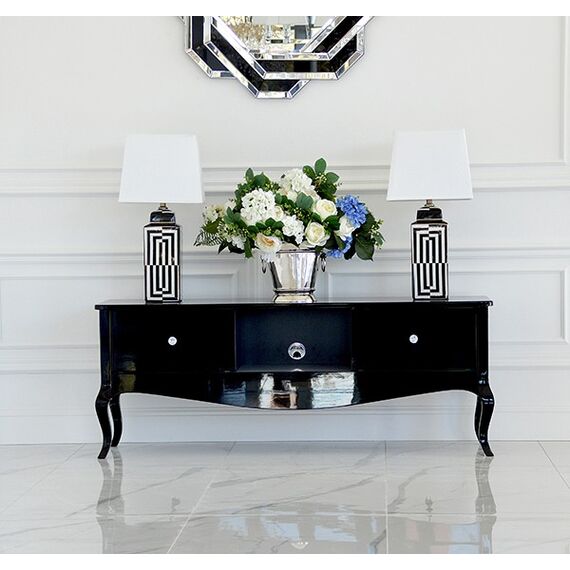 Stylish cabinet, TV table, glossy chest of drawers, bent legs black ELENA GLAMOR