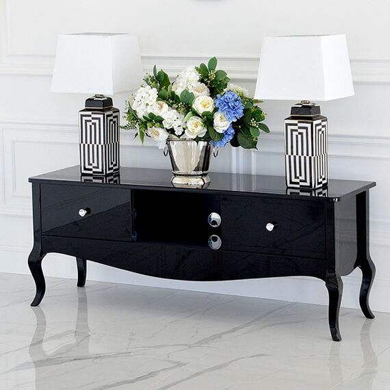 Stylish cabinet, TV table, glossy chest of drawers, bent legs black ELENA GLAMOR