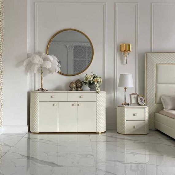 Stolik nocny glamour  z ekoskórą biały złoty HERMITAGE OUTLET