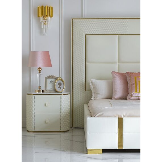 Stolik nocny glamour  z ekoskórą biały złoty HERMITAGE OUTLET