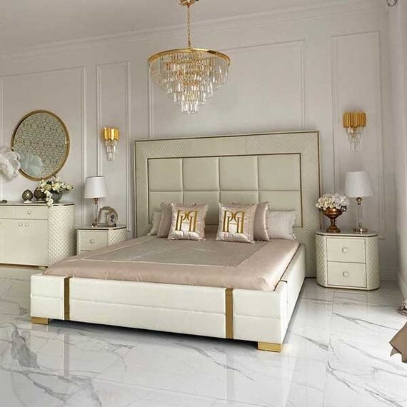 Stolik nocny glamour  z ekoskórą biały złoty HERMITAGE OUTLET