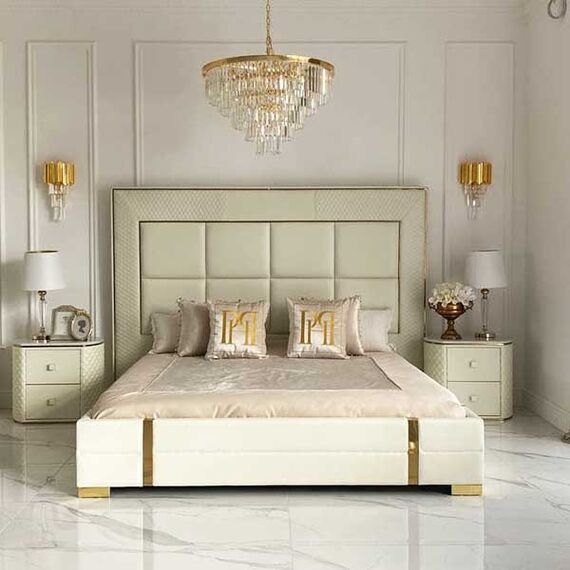 Stolik nocny glamour  z ekoskórą biały złoty HERMITAGE OUTLET