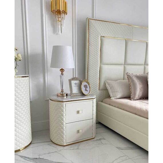 Stolik nocny glamour  z ekoskórą biały złoty HERMITAGE OUTLET