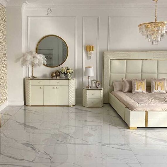 Stolik nocny glamour  z ekoskórą biały złoty HERMITAGE OUTLET