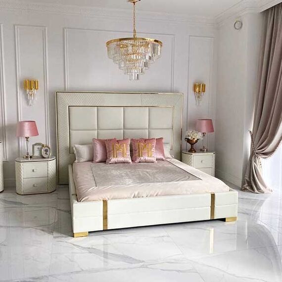 Stolik nocny glamour  z ekoskórą biały złoty HERMITAGE OUTLET