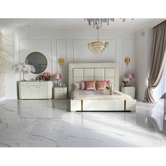 Stolik nocny glamour  z ekoskórą biały złoty HERMITAGE OUTLET