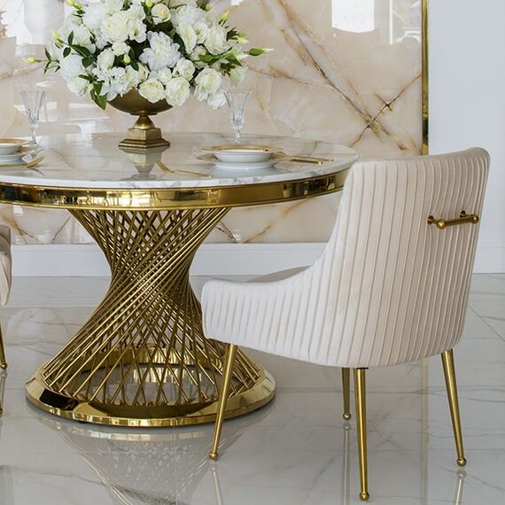 Krzesło beżowe glamour na złotych nogach z kołatką do jadalni, toaletki, nowoczesne, tapicerowane, designerskie PALOMA