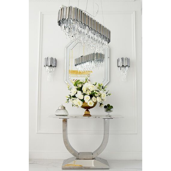 Glamor console in a modern style with a white marble top, silver ART DECO