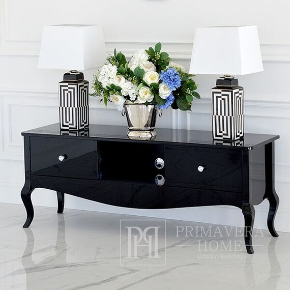 Stylish cabinet, TV table, glossy chest of drawers, bent legs black ELENA GLAMOR