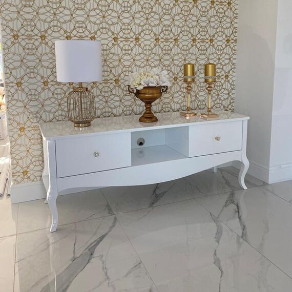 Stylish cabinet, TV table ELENA GLAMOR chest of drawers, bent legs white