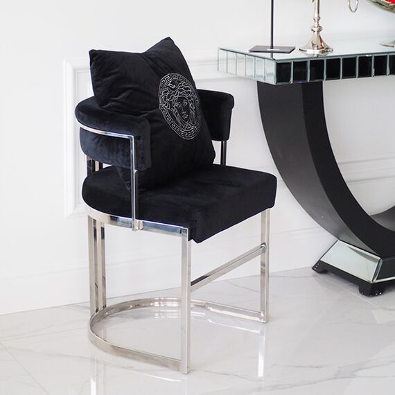Krzesło glamour ekskluzywne do jadalni, nowoczesne, stalowe, półokrągłe, czarne, srebrne MARCO