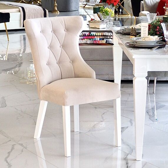 Krzesło glamour klasyczne, tapicerowane, do jadalni, hamptons, nowoczesne, drewniane, wygodne, białe, czarne nogi GRETA