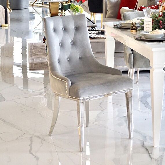 Silver gray upholstered chair on steel straight legs MADAME