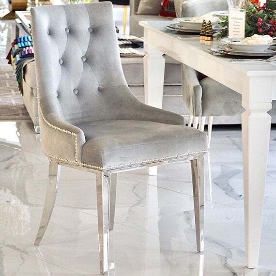 Silver gray upholstered chair on steel straight legs MADAME