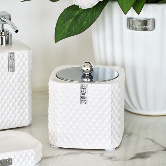Ceramic bathroom container for white and silver swabs Lene Bjerre