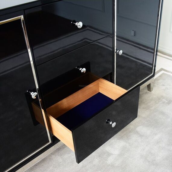 A glamor lacquered wooden chest of drawers with steel legs, black modern Lorenzo L Silver OUTLET