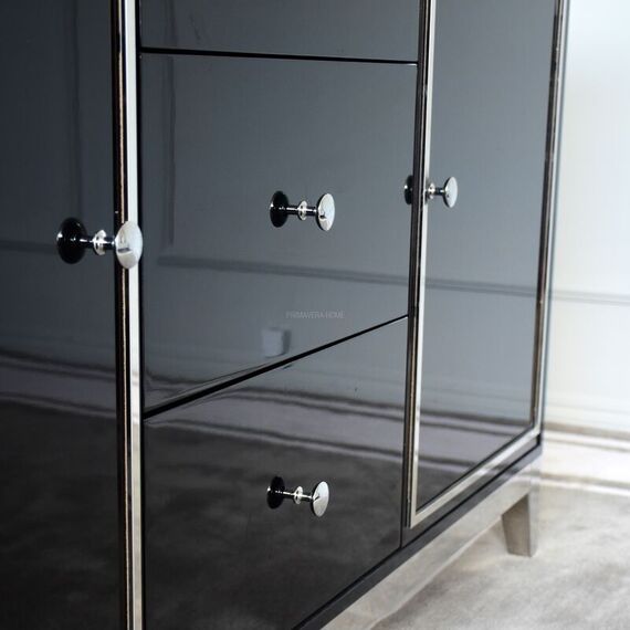 A glamor lacquered wooden chest of drawers with steel legs, black modern Lorenzo L Silver OUTLET