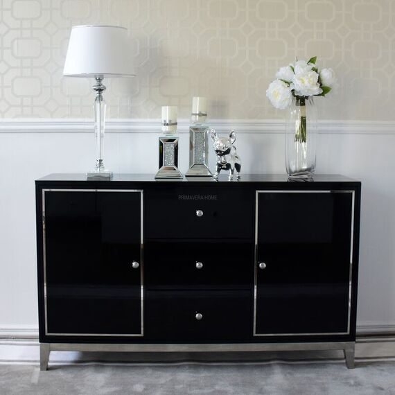 A glamor lacquered wooden chest of drawers with steel legs, black modern Lorenzo L Silver OUTLET