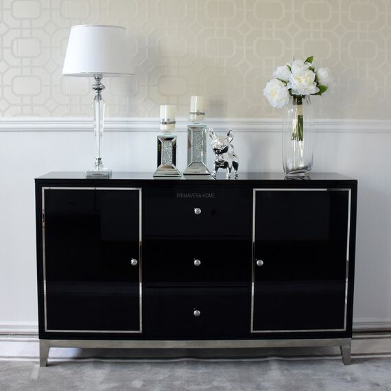 A glamor lacquered wooden chest of drawers with steel legs, black modern Lorenzo L Silver OUTLET