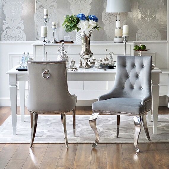 Krzesło glamour ekskluzywne, tapicerowane, pikowane z kołatką, do jadalni, na stalowych, giętych nogach, szare, srebrne MADAME