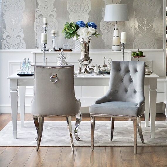 Silver gray upholstered chair on steel straight legs MADAME