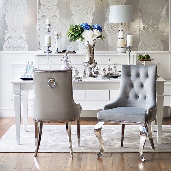 Silver gray upholstered chair on steel straight legs MADAME