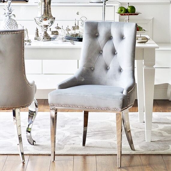 Silver gray upholstered chair on steel straight legs MADAME