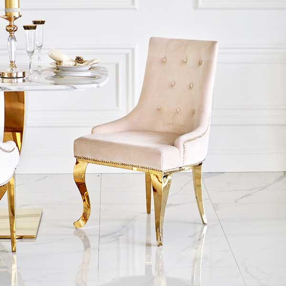 Gold upholstered chair on bent steel legs, beige MADAME