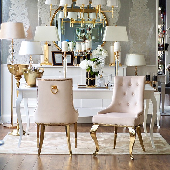 Gold upholstered chair on bent steel legs, beige MADAME