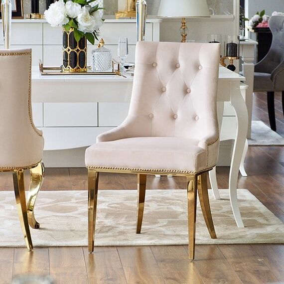 Gold upholstered chair on steel straight legs, beige MADAME