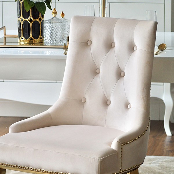 Gold upholstered chair on bent steel legs, beige MADAME