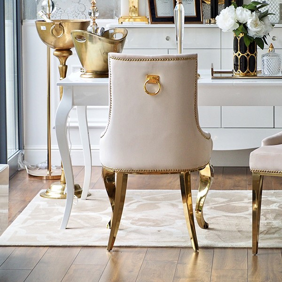 Gold upholstered chair on bent steel legs, beige MADAME