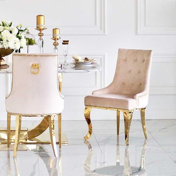 Gold upholstered chair on bent steel legs, beige MADAME