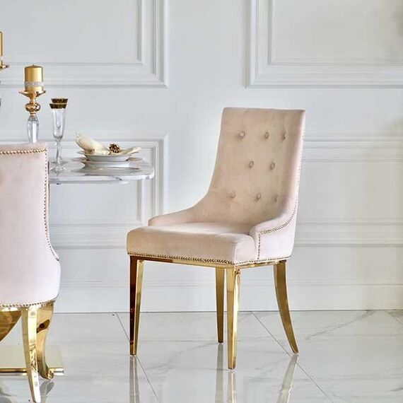 Gold upholstered chair on steel straight legs, beige MADAME