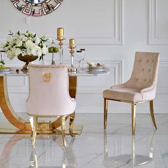 Gold upholstered chair on steel straight legs, beige MADAME