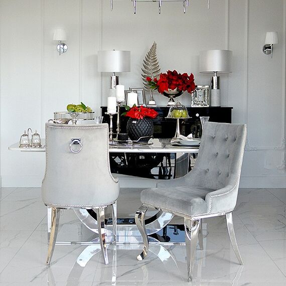 Krzesło glamour ekskluzywne, tapicerowane, pikowane z kołatką, do jadalni, na stalowych, giętych nogach, szare, srebrne MADAME