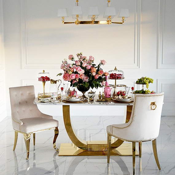 Gold upholstered chair on bent steel legs, beige MADAME
