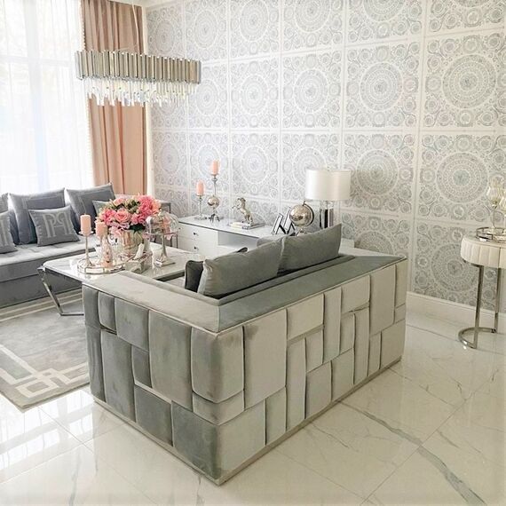 Modern 2 seater sofa upholstered in silver, gray velvet EMPORIO