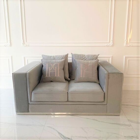 Modern 2 seater sofa upholstered in silver, gray velvet EMPORIO