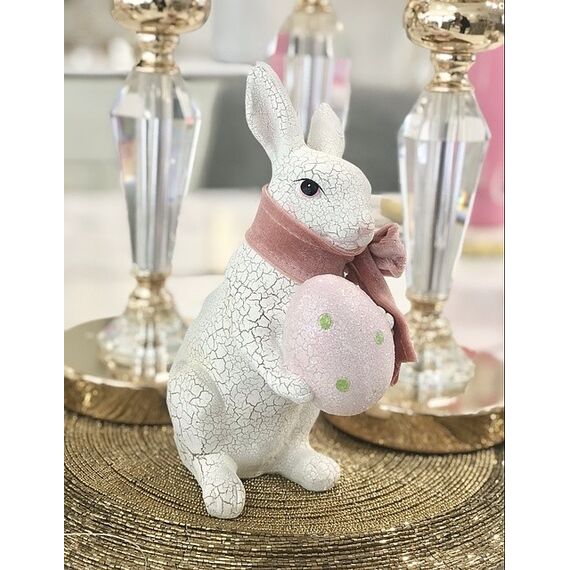 Biały królik wielkanocny ceramiczny, z różowym jajkiem, z welurową kokardką, różową