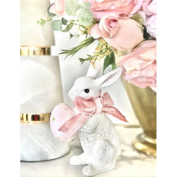 Biały królik wielkanocny ceramiczny, z różowym jajkiem, z welurową kokardką, różową