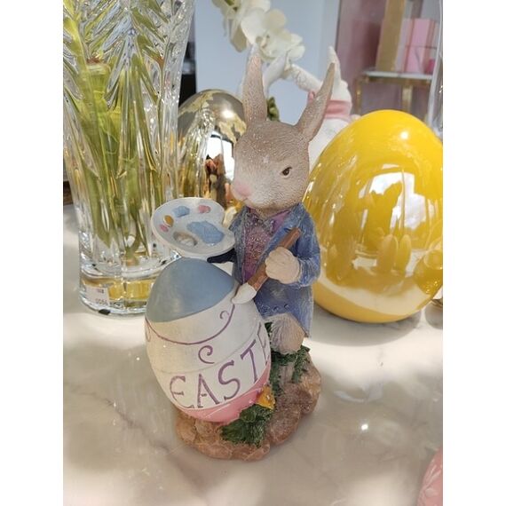 Dekoracja na stół, królik malarz, niebieski, wielkanocny, glamour