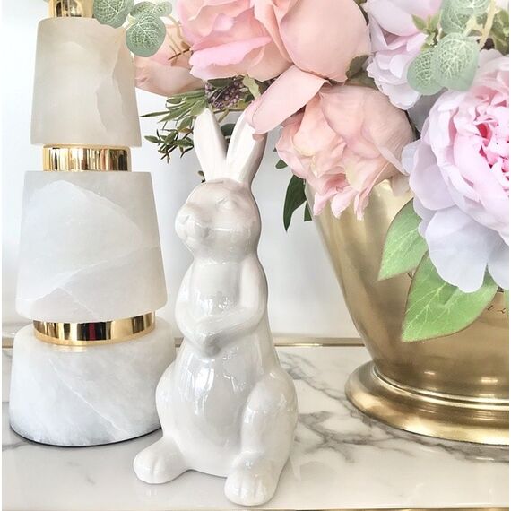 Dekoracja na stół, królik ceramiczny, perłowy, stojący, glamour, wielkanocny